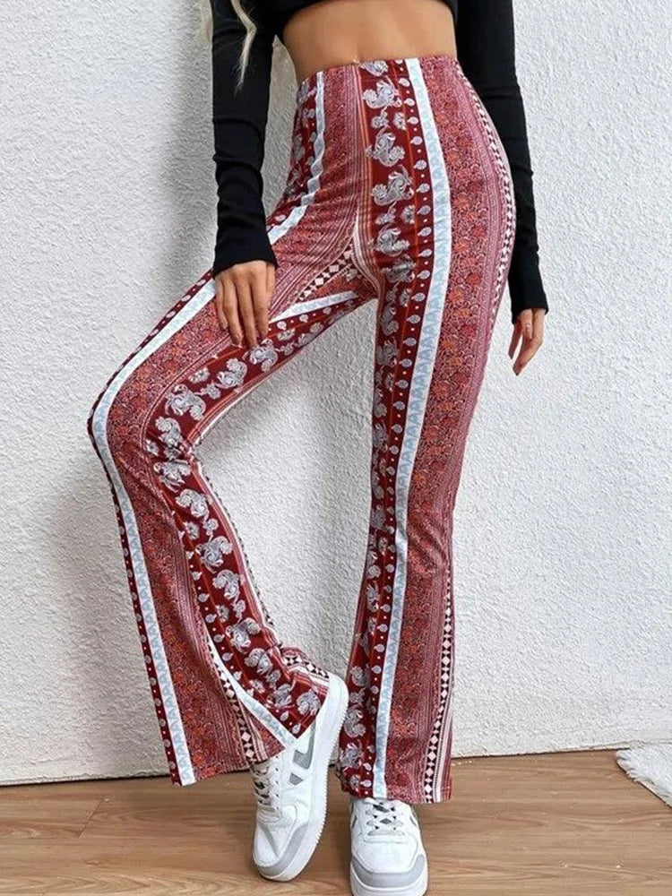 6 Colors Vintage Printed Bell Bottoms Women's Tight Elastic Pants Summer Fashion Bohemian Flared Trousers