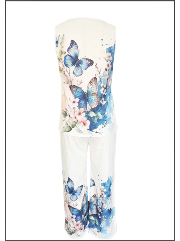 Simple Sleeveless Printed Vest Long Pants Set Women Summer Fashion Round Neck Casual T-Shirt Top Loose Pants Suit Clothes