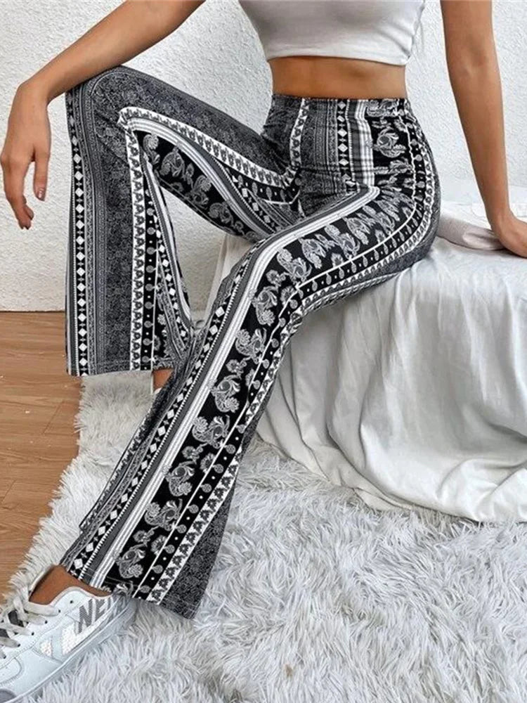 6 Colors Vintage Printed Bell Bottoms Women's Tight Elastic Pants Summer Fashion Bohemian Flared Trousers