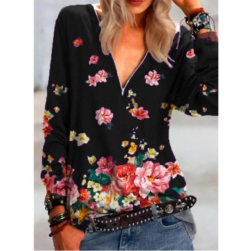 Casual Floral Printing Shirt Women Zipper Long Sleeve Tops Lady Autumn Fashion Clothes Loose Pullover Plus Size 5XL