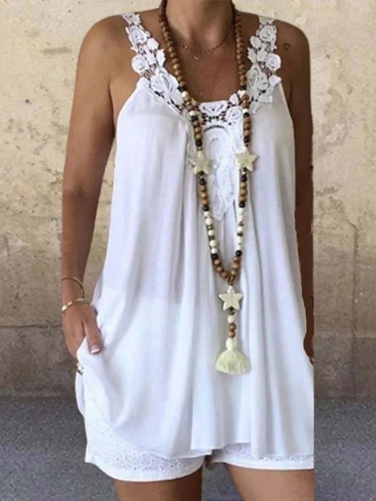 Sexy Long Camisole Women V Neck Hollow Out Sleeveless Vest Summer Pure Color Lace Tank Tops Large Size 5XL